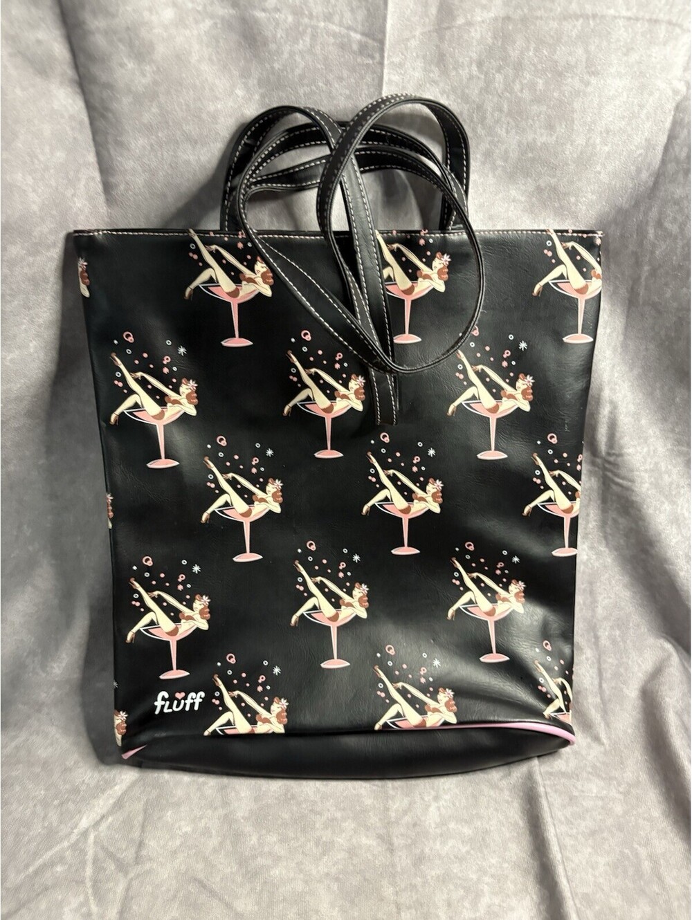 Fluff Retro Pin-Up Girl Tote Bag Black Pink Martini Print Vintage Style Purse